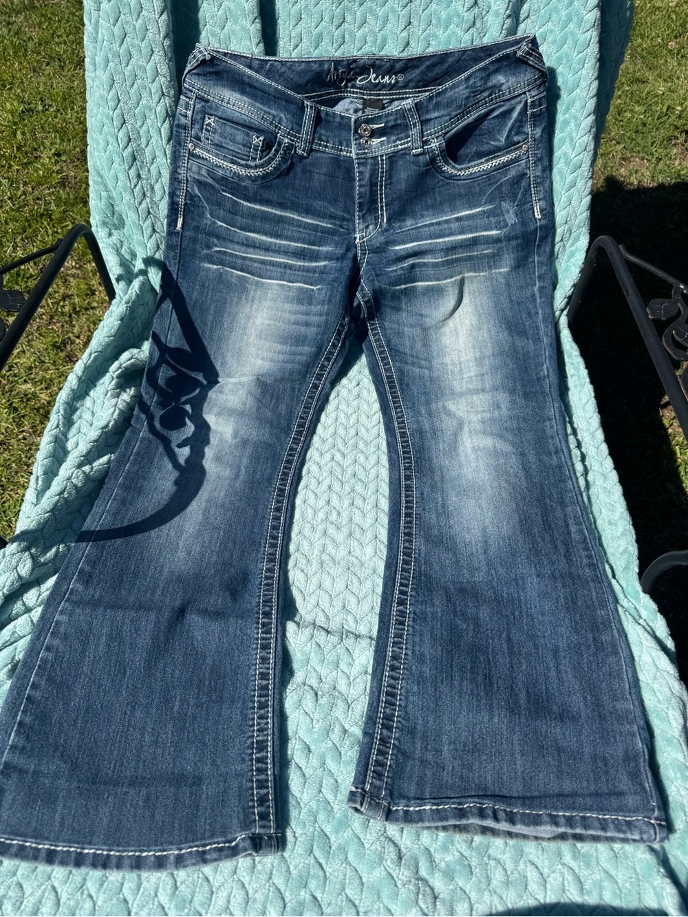 Ariya Medium Blue Flare Jeans with Whiskered Details